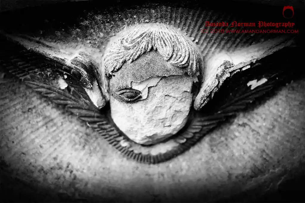 Photograph of a damaged headstone death head